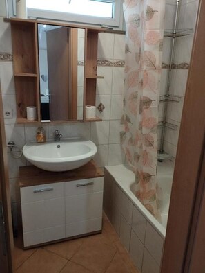 A bathroom with a sink, mirror, shelves, and a shower area. - Kaiserslautern City Center Apartment · 3 Rooms · Sleeps 5 · Full Kitchen (Kaiserslautern)