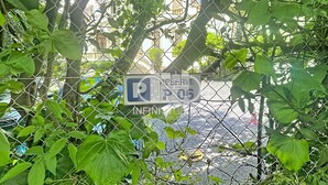 Una cerca de malla metálica con un cartel de estacionamiento parcialmente oculto por follaje.