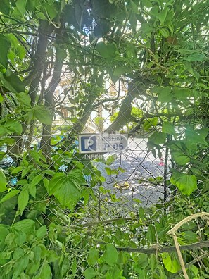 Ein Maschendrahtzaun mit einem Parkschild, das teilweise von Vegetation verdeckt ist.