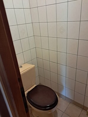 Une petite salle de bain carrelée, équipée de toilettes et d’un espace douche.