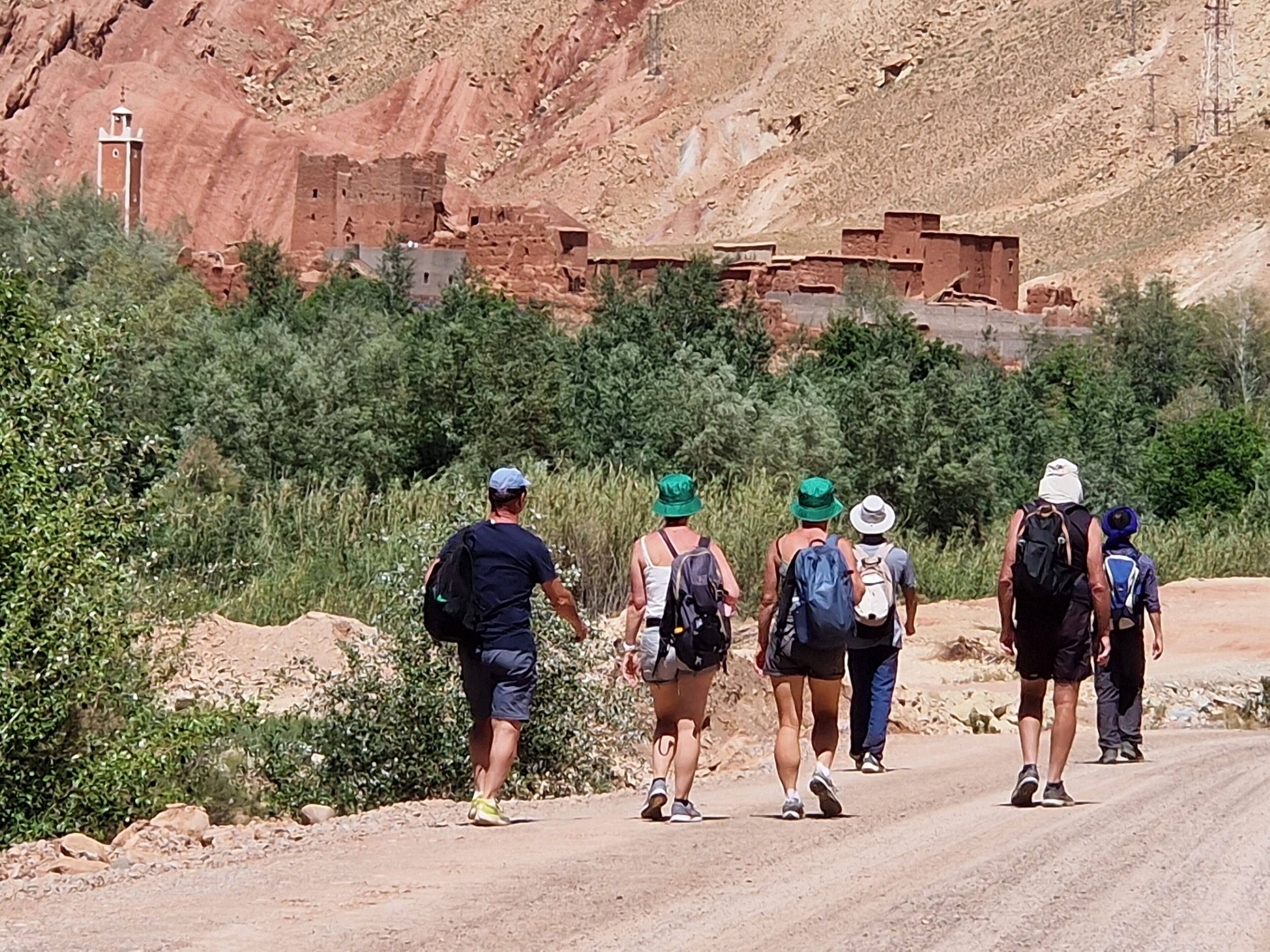 Un gruppo di persone cammina su una strada sterrata con montagne sullo sfondo.