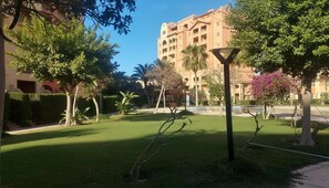 A well-maintained courtyard with a lawn, trees, and a building in the background.