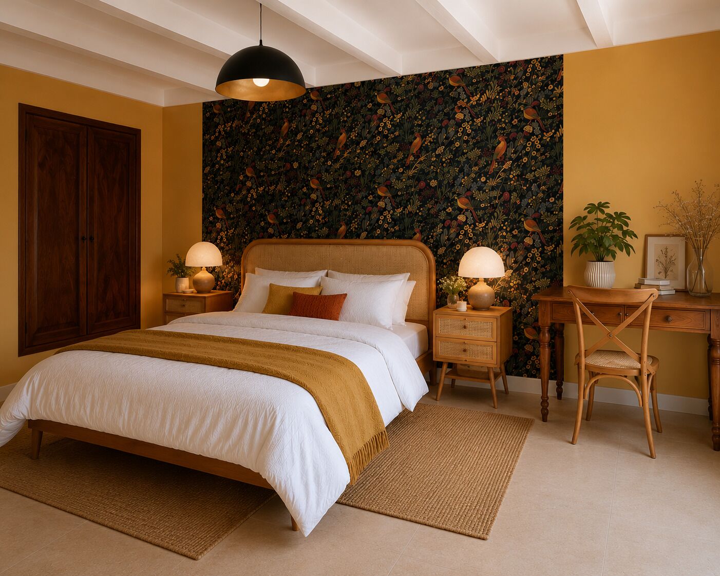 Een slaapkamer met een groot bed, twee nachtkastjes met lampen, een houten bureau en een stoel.