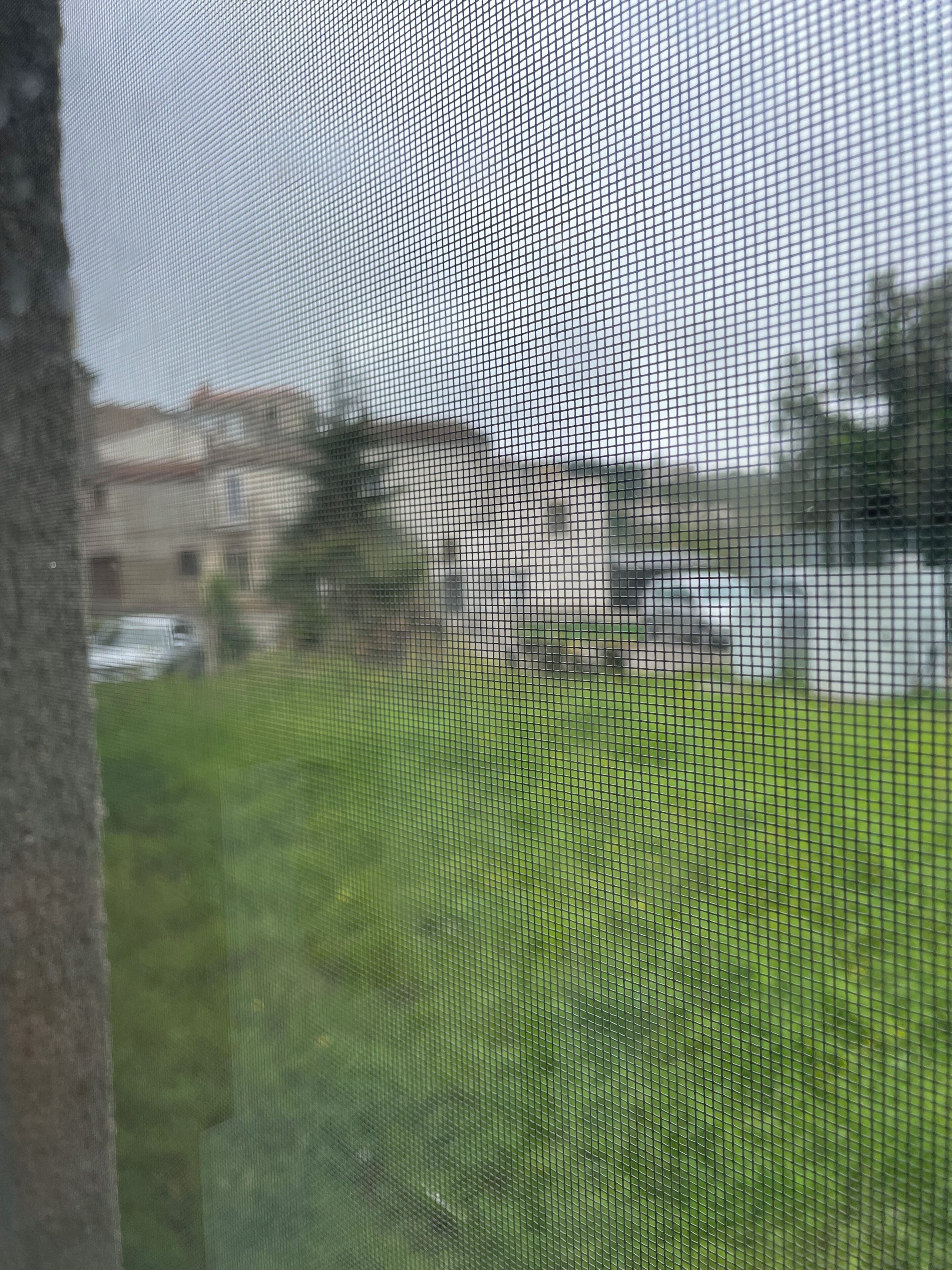 A view through a window with a mesh screen, displaying a building with a flat roof and a car parked in front.