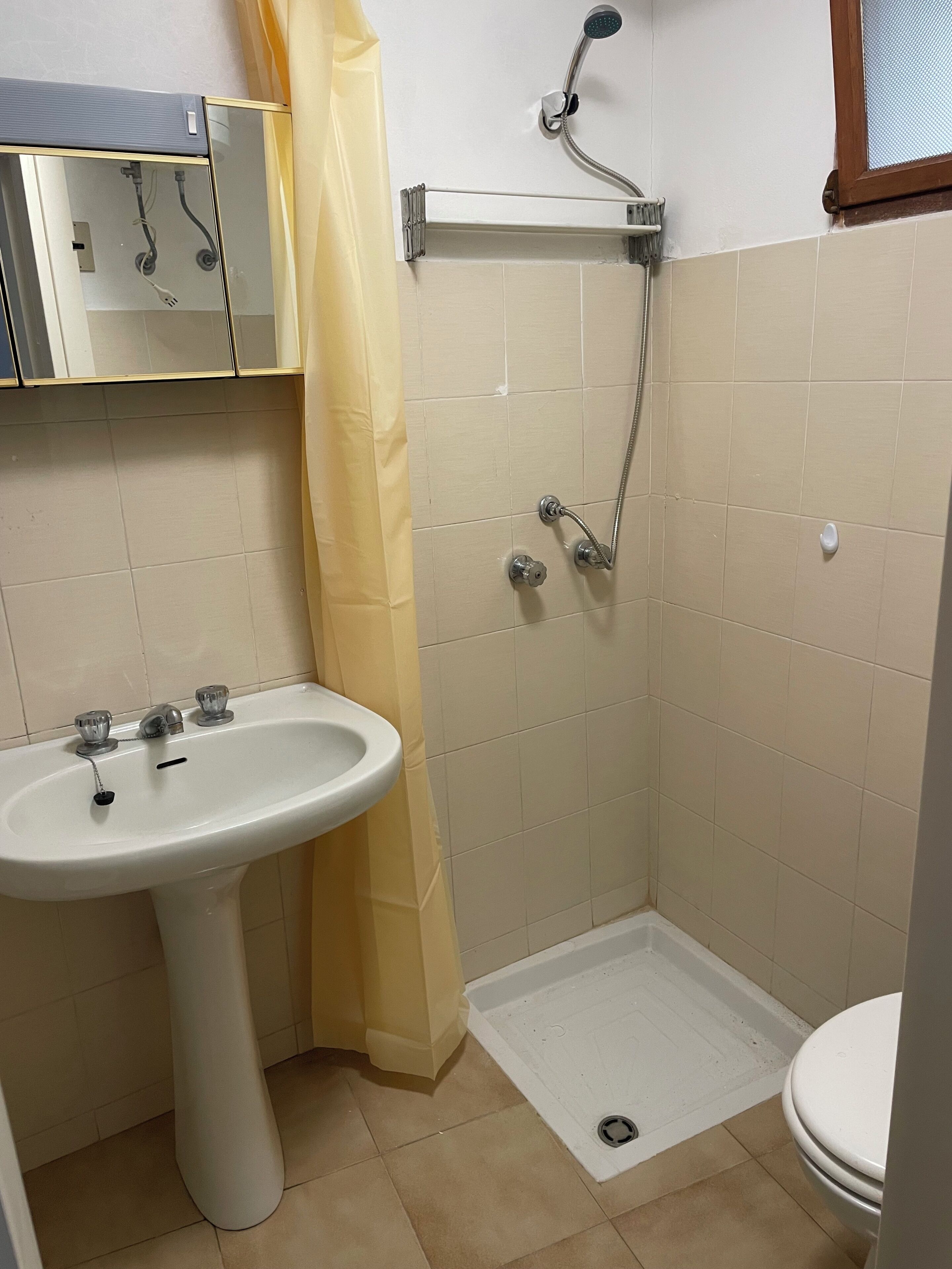 A bathroom with a white sink, a shower with a handheld showerhead, a toilet, and a window with a wooden frame.