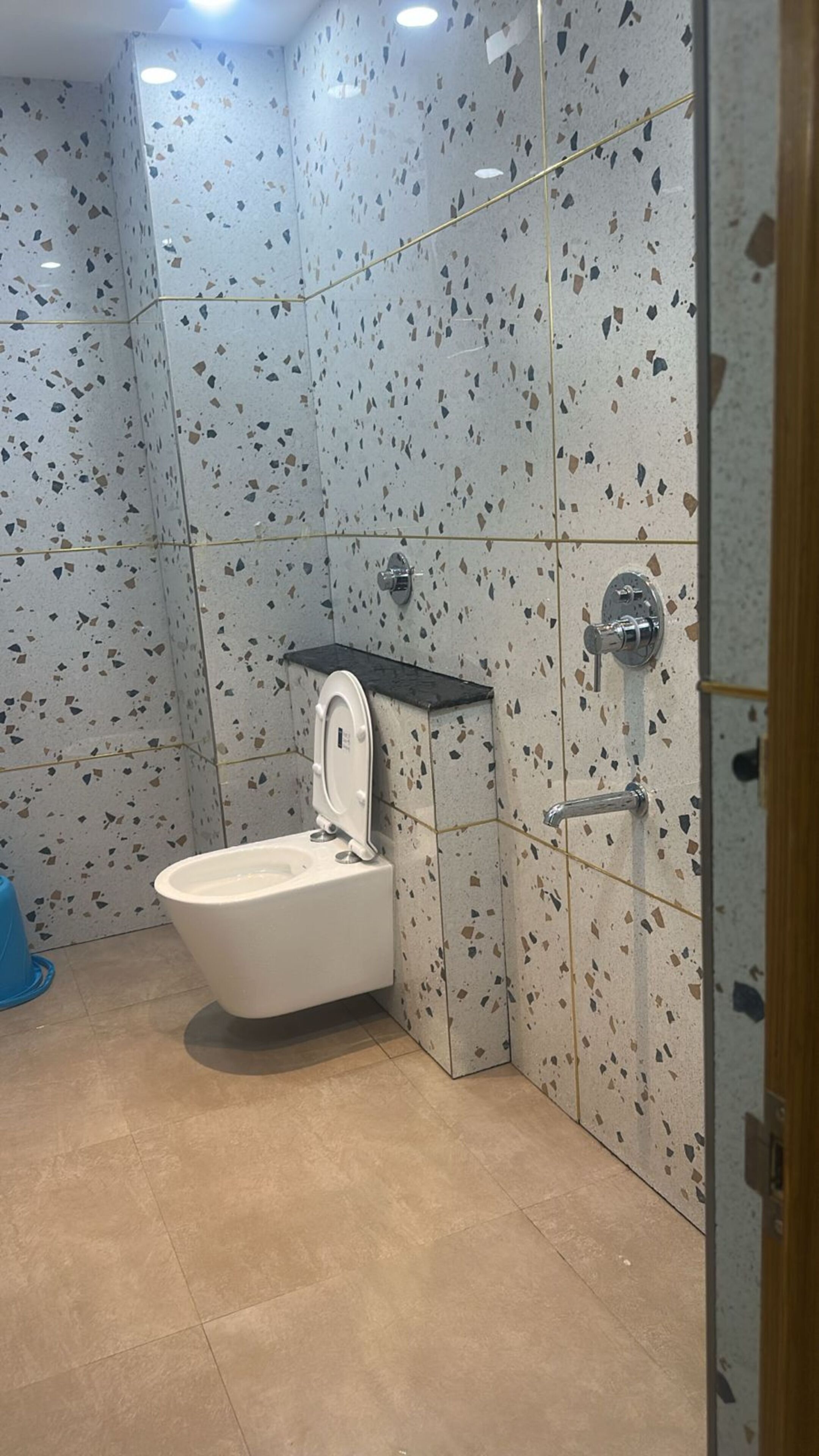 Casa de banho com sanita branca, prateleira preta e zona de duche.