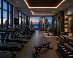 A gym with treadmills, dumbbells, and a squat rack, with large windows offering a city view. - Greenfield residence by sunway pyramid (Petaling Jaya)