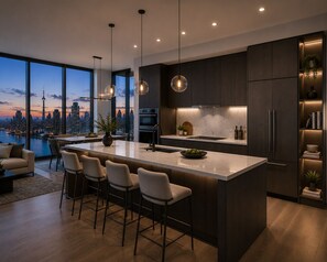 A modern kitchen with a large island, bar stools, dark cabinetry, and pendant lighting. - Greenfield residence by sunway pyramid (Petaling Jaya)