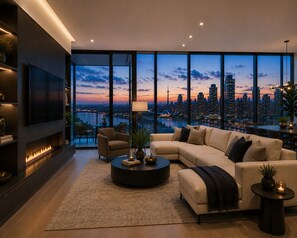 A modern living room with a large sofa, a coffee table, and a TV mounted on the wall. - Greenfield residence by sunway pyramid (Petaling Jaya)