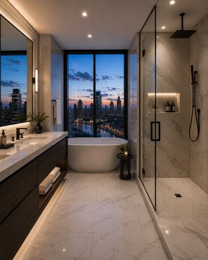 A modern bathroom with a bathtub, shower, and city view. - Greenfield residence by sunway pyramid (Petaling Jaya)