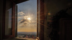 Un'apertura con luce solare che filtra, vista del cielo e una pianta a destra.