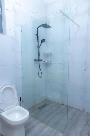 A bathroom with a glass-enclosed shower, a toilet, and a marble-tiled wall.