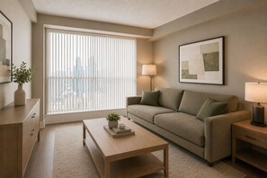 Ein modernes Wohnzimmer mit einer Couch, einem Couchtisch und zwei Lampen.