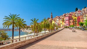 Un paseo marítimo con un camino bordeado de palmeras, edificios coloridos y un cielo azul despejado.
