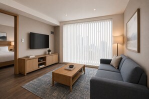 Ein modernes Hotelzimmer mit einem Bett, einem Sofa, einem Couchtisch, einem Fernseher und einem großen Fenster mit Jalousien.
