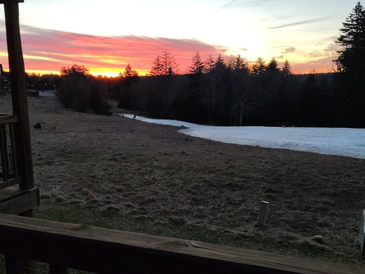 A view of a natural landscape with a wooden deck overlooking a field with sparse vegetation and a body of water.