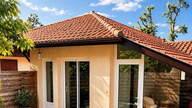A house with a tiled roof, sliding glass doors, a gravel driveway, and outdoor furniture. - Quiet house in Seignosse. Enclosed patio and parking  (Seignosse)