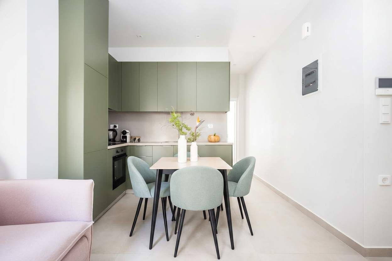 A modern kitchen with green cabinets, a dining table with chairs, and a white vase with plants.