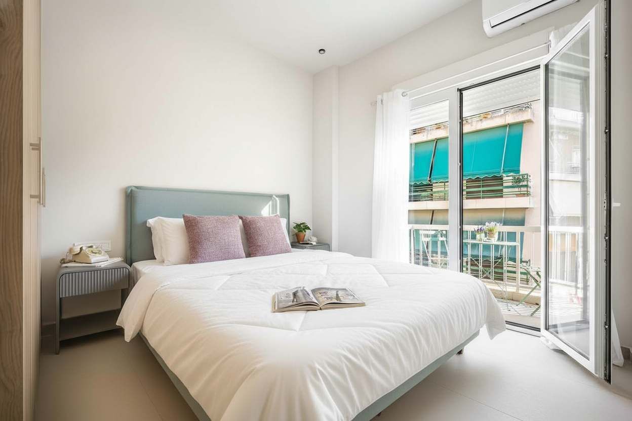 A bedroom with a bed, bedside table, and a view of a balcony.