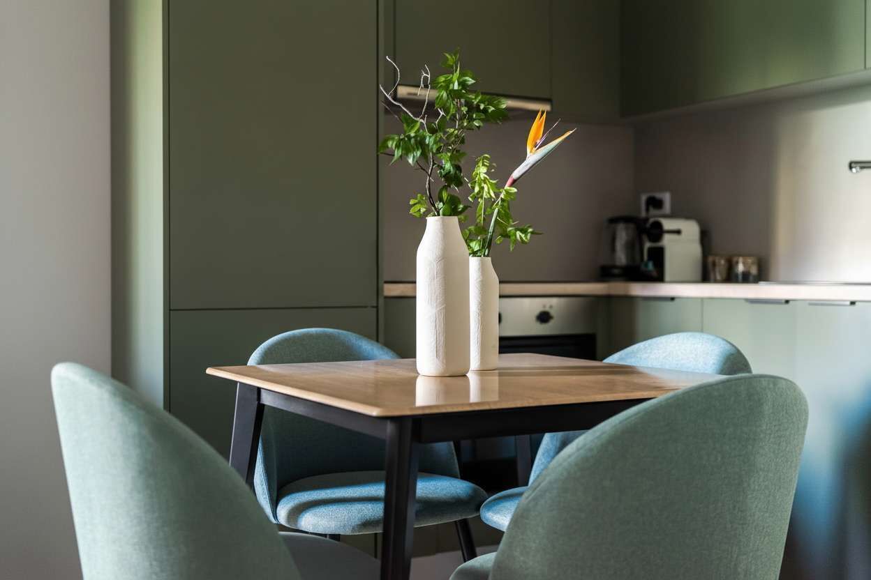 Une table à manger ornée d’un vase blanc contenant des plantes vertes et une fleur de paradis.