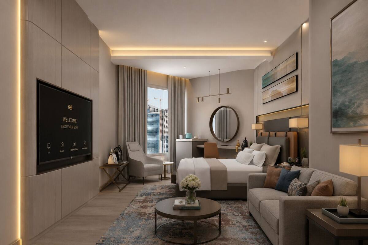 Una habitación de hotel moderna con televisión, escritorio, cama, sofá y mesa de centro.