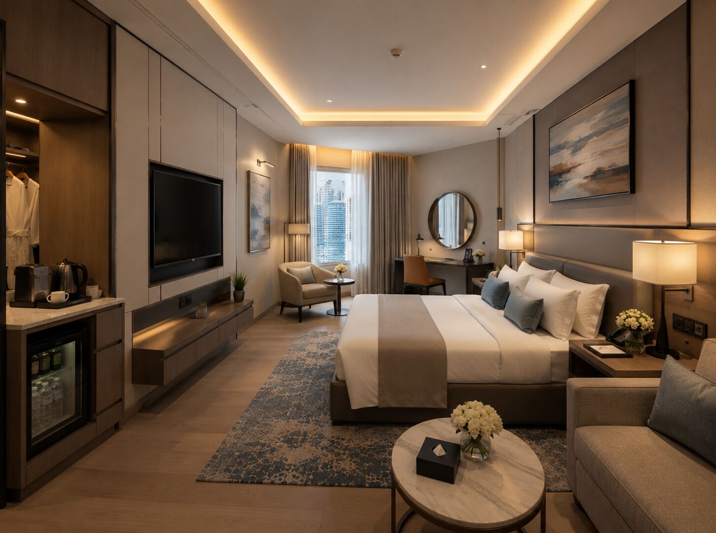 A modern hotel room with a large bed, a desk, a television, and a view of the city.