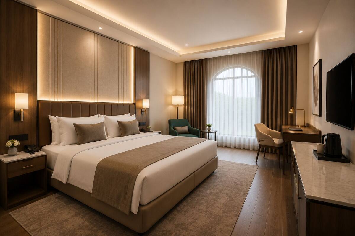 Habitación de hotel con una cama grande, mesitas de noche, un escritorio, una silla, un televisor y un ventanal con cortinas.