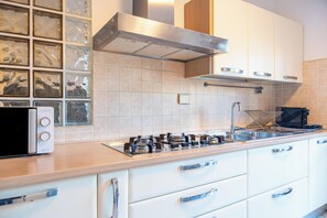 Une cuisine moderne équipée d’une cuisinière à gaz, d’un évier en acier inoxydable et de meubles blancs.