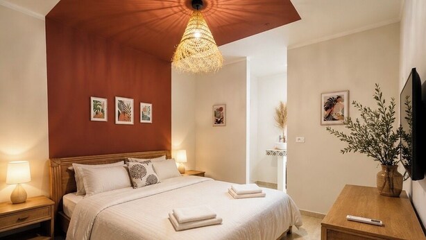 Een slaapkamer met een bed, nachtlampjes, een houten nachtkastje, een bijzettafeltje, een tv aan de muur en een plant.