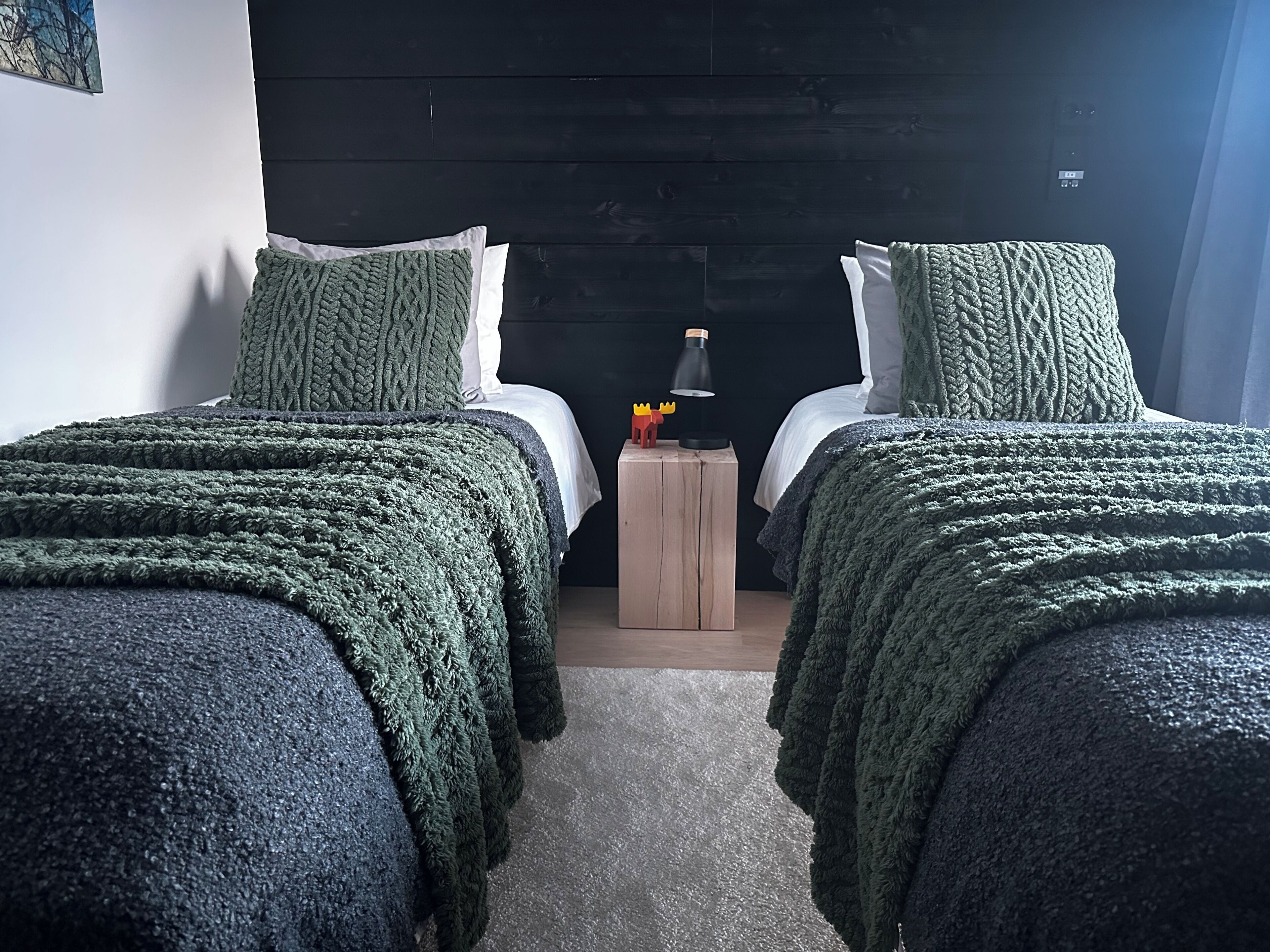 Ein Zimmer mit zwei Betten, jeweils mit einer grünen, gestrickten Decke, einem kleinen Nachttisch mit Lampe und einer wandmontierten Leuchte.