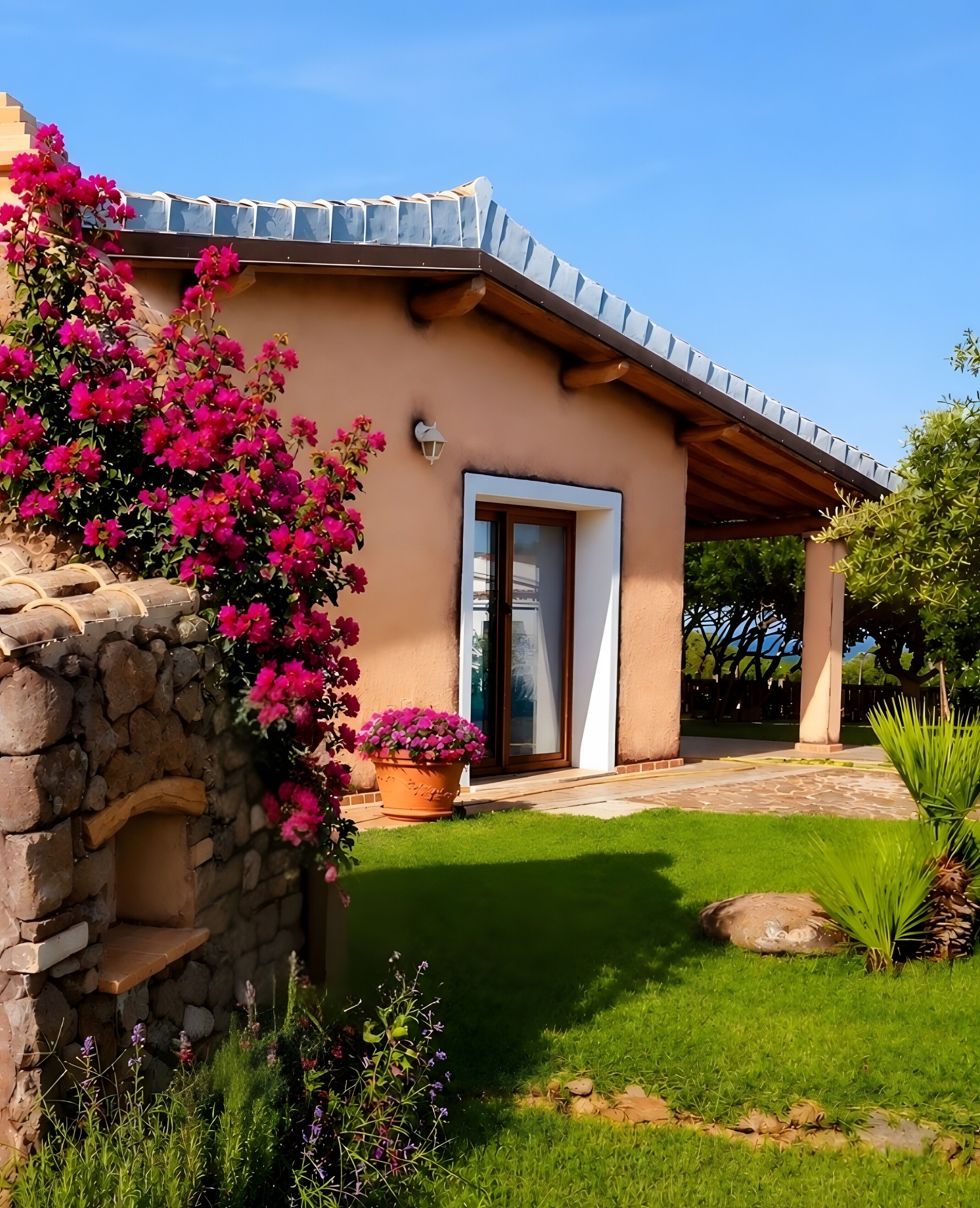 Een huis met een stenen muur, een houten pergola en een verzorgd gazon.