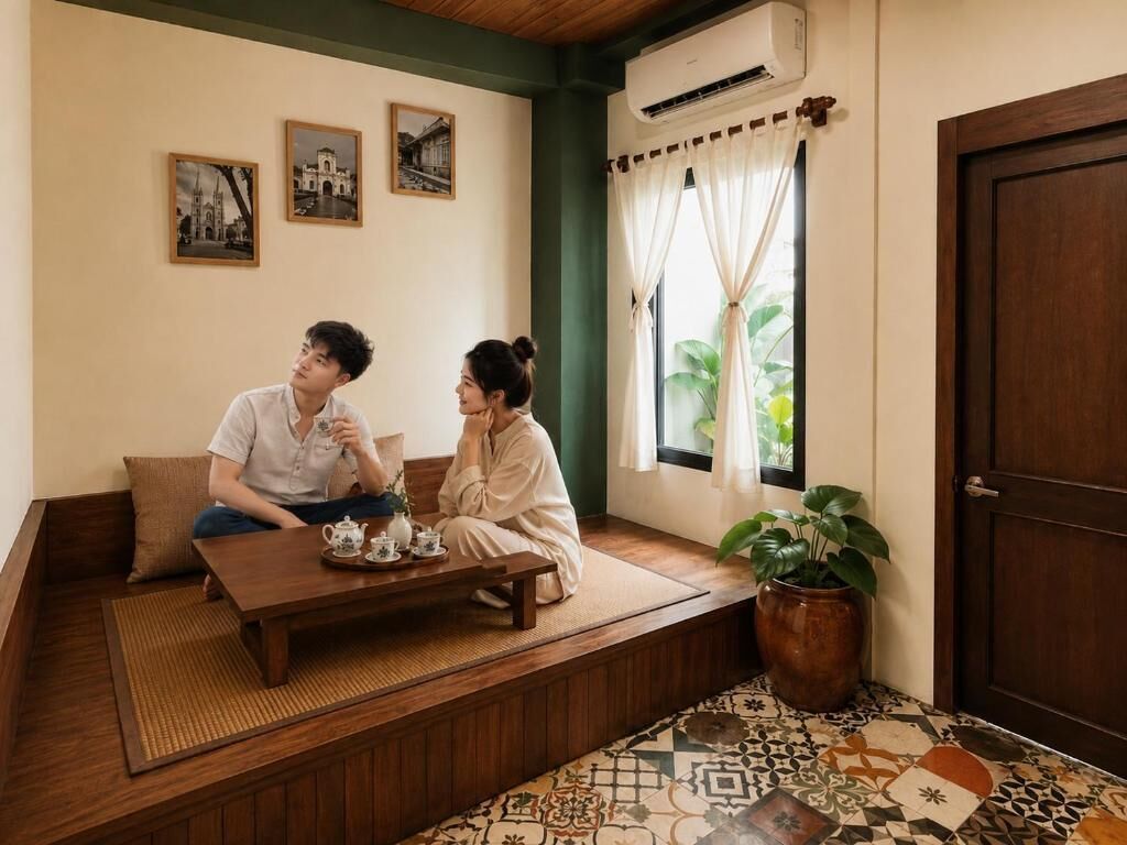 A room with a sofa set, a small table with a teapot, and a potted plant.