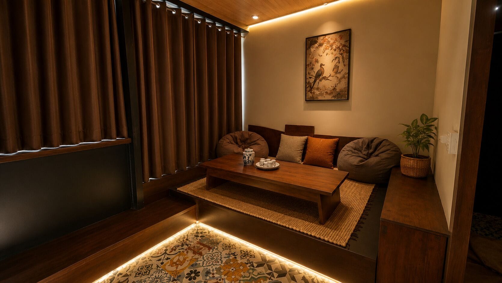 A modern living room with a sofa, a coffee table, and a wall-mounted painting.