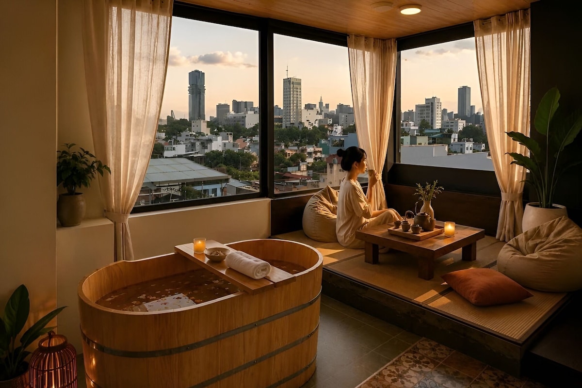 A spa room with a wooden bathtub, a view of a cityscape, and a person relaxing by the window.
