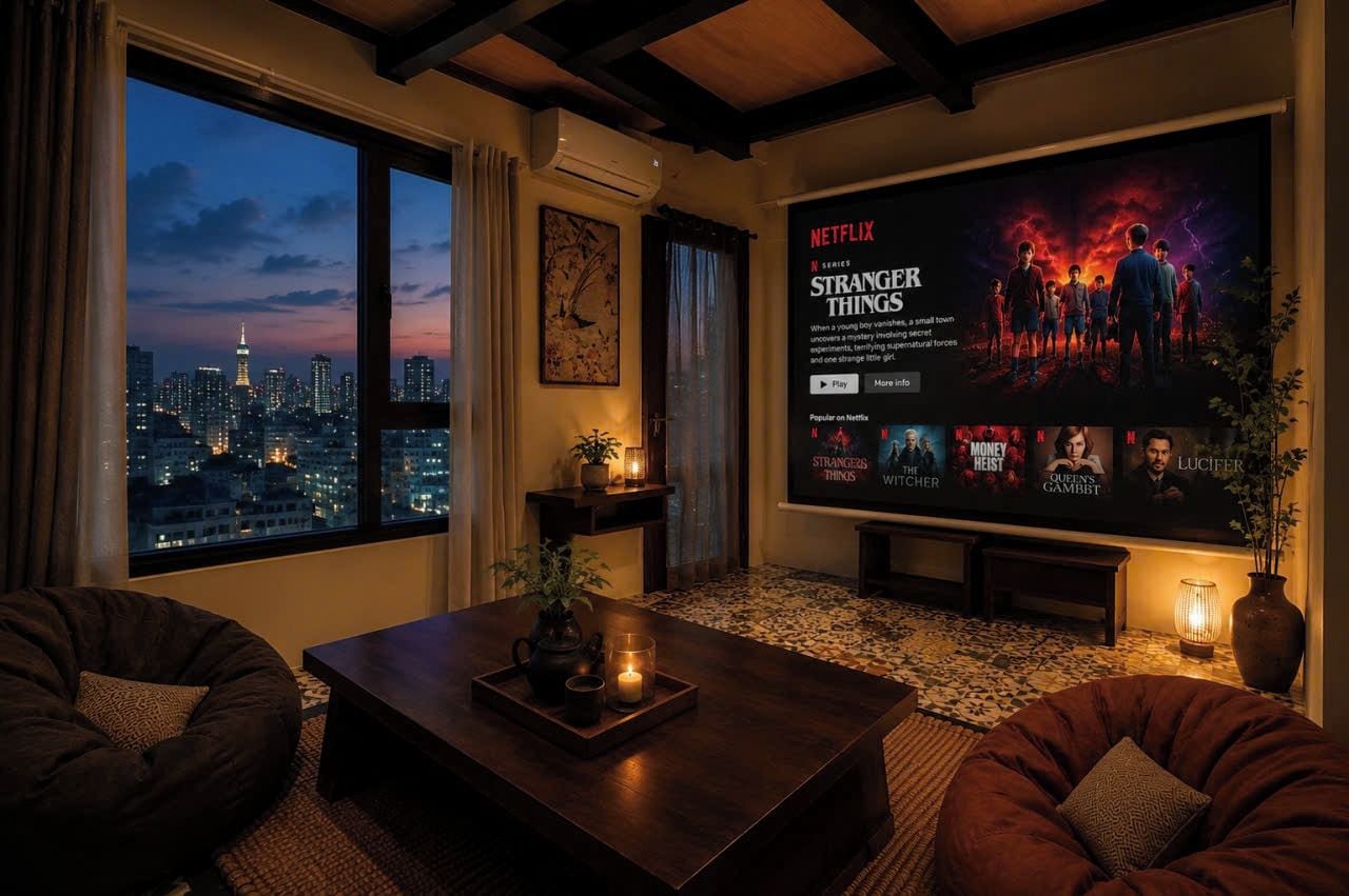 Un salón acogedor con un amplio ventanal con vistas a un paisaje urbano, un televisor de pantalla plana mostrando una serie de Netflix y asientos confortables.