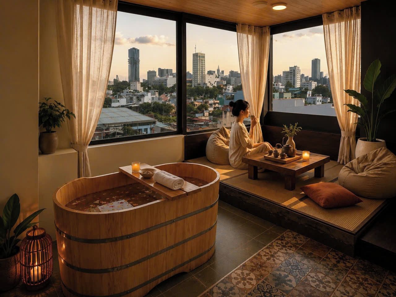 A room with a wooden bathtub, a sofa, a table with tea set, and a view of a cityscape.
