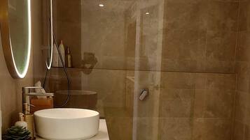 Shower, hair dryer, towels, soap