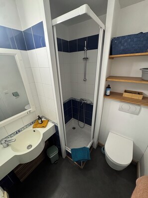 A bathroom with a shower, sink, toilet, and a shelf with toiletries. - Apartment with terrace, sea view, direct beach access. Fiber. Refurbished. GR34. (Fouesnant)