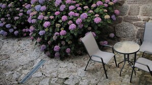 Une terrasse en pierre avec une table et des chaises en métal, entourée d’une haie d’hortensias violets.