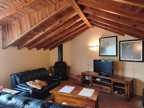 Un salon avec un canapé en cuir noir, une table basse en bois, un meuble pour la télévision et une cheminée.