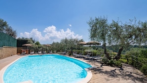 A swimming pool with lounge chairs and umbrellas, surrounded by greenery and a clear sky. - Oliveta Passero in Gavignano (Poggibonsi)