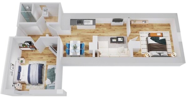 A floor plan of a hotel room with a bed, a desk, a chair, a sofa, and a dining area. - Appartement - Winterbergerstrasse 3 nr 511 Neuastenberg (Winterberg)