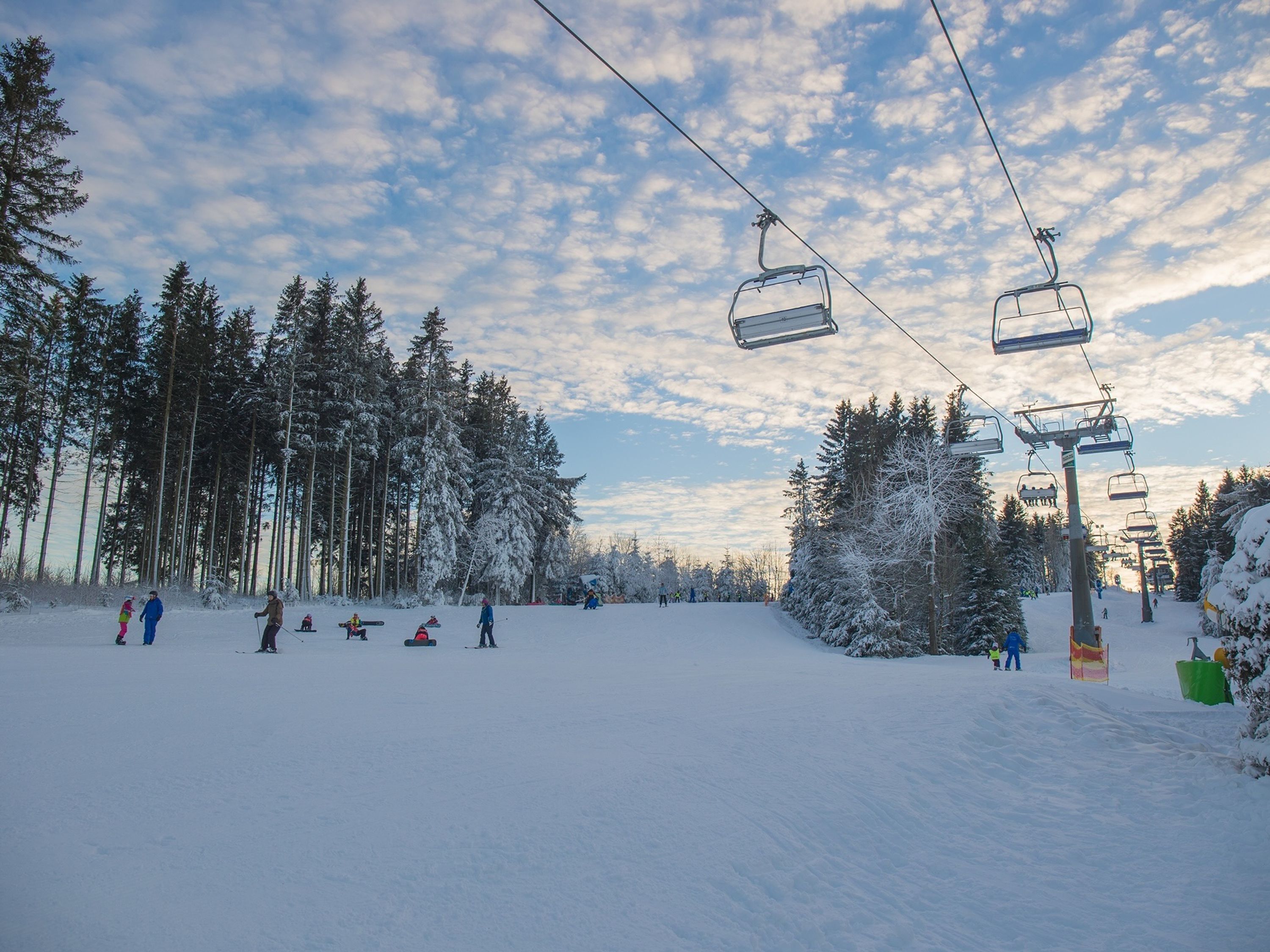 A ski resort with a chairlift, snow-covered trees, and skiers.