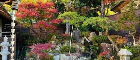 Un jardín japonés tradicional con un estanque, rocas y diversos árboles.