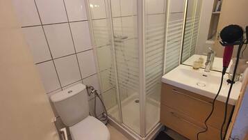 Hair dryer, towels, soap, toilet paper