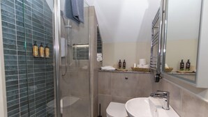 A modern bathroom with a glass shower enclosure, a white toilet, and a sink with a mirror above. - Narrow Water Lodges (Dundalk)