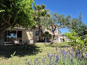 Una casa con un patio, una silla y un árbol.