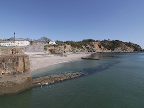 A coastal scene with a sandy beach, a stone wall, and a building with steps leading down to the water. - Treetops (Par)