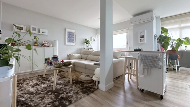 En moderne stue med sofa, sofabord og et hvidt køleskab. Der er plantede planter og et tæppe på gulvet.
