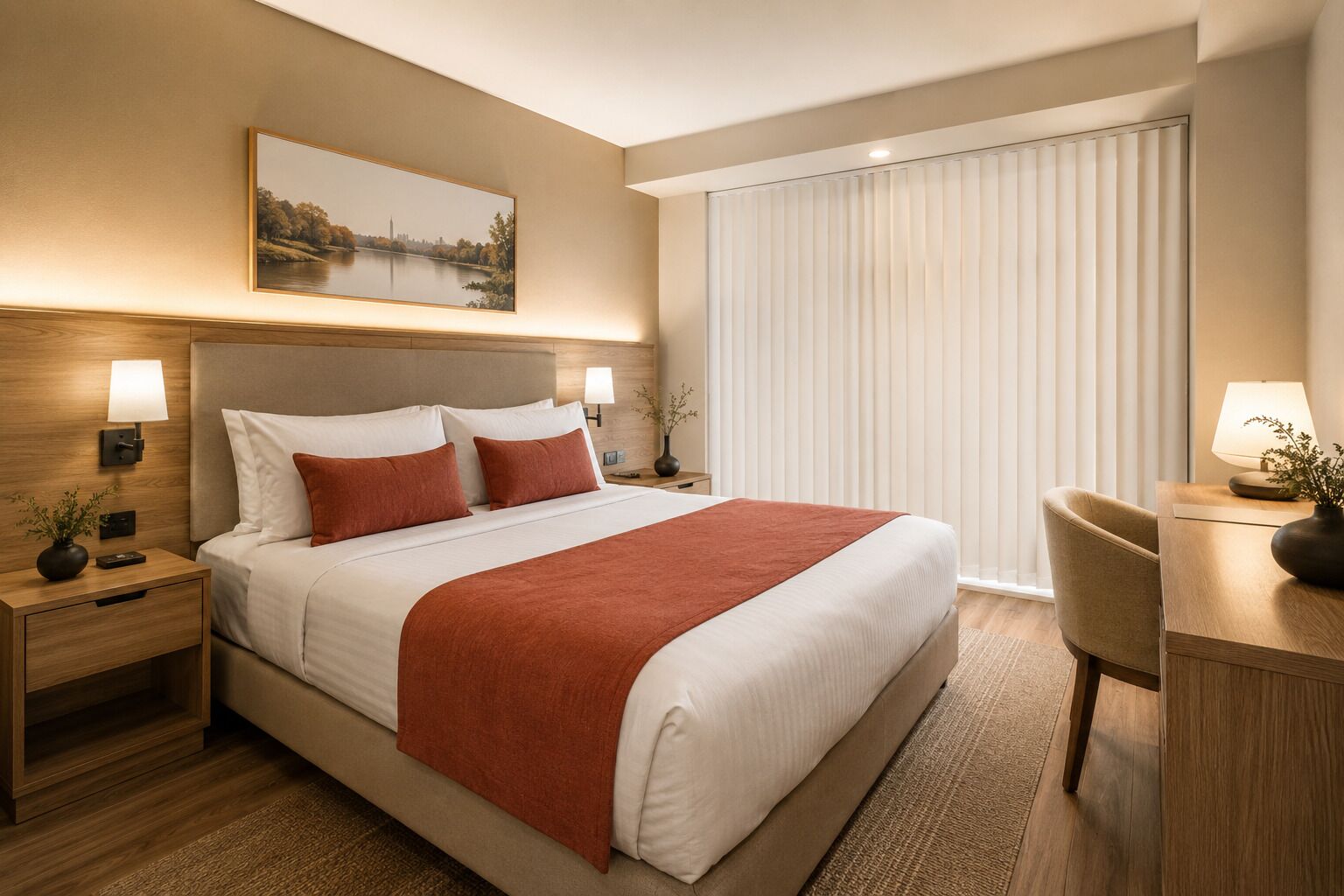 Ein Hotelzimmer mit einem großen Bett, Nachttischen mit Lampen, einem Schreibtisch mit Stuhl und einem Fenster mit Jalousien.